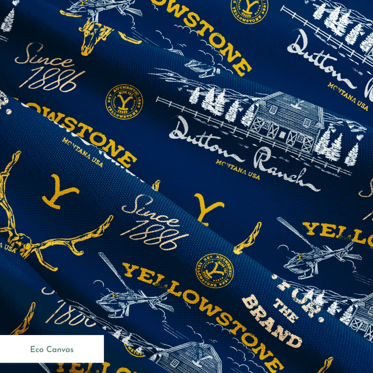 Yellowstone-themed pattern with Dutton Ranch logos, deer antlers, and "Y" branding on navy blue background springs ecocanvas texture