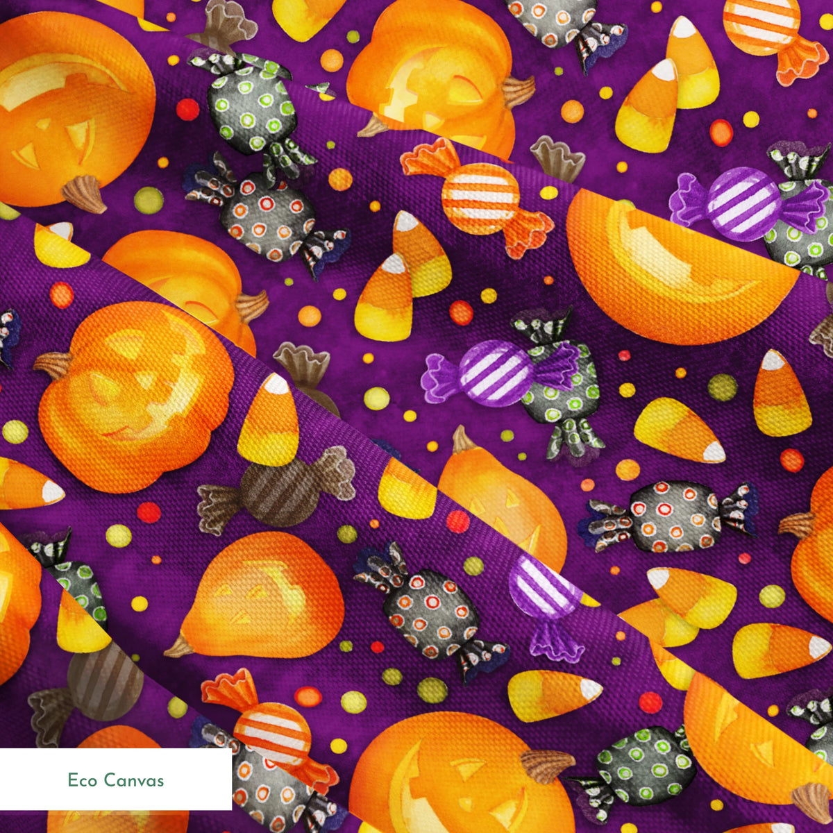 Playful Halloween fabric design by Nicole Tamarin featuring smiling jack-o’-lanterns, wrapped candies, and candy corn scattered across a purple background. springs ecocanvas texture
