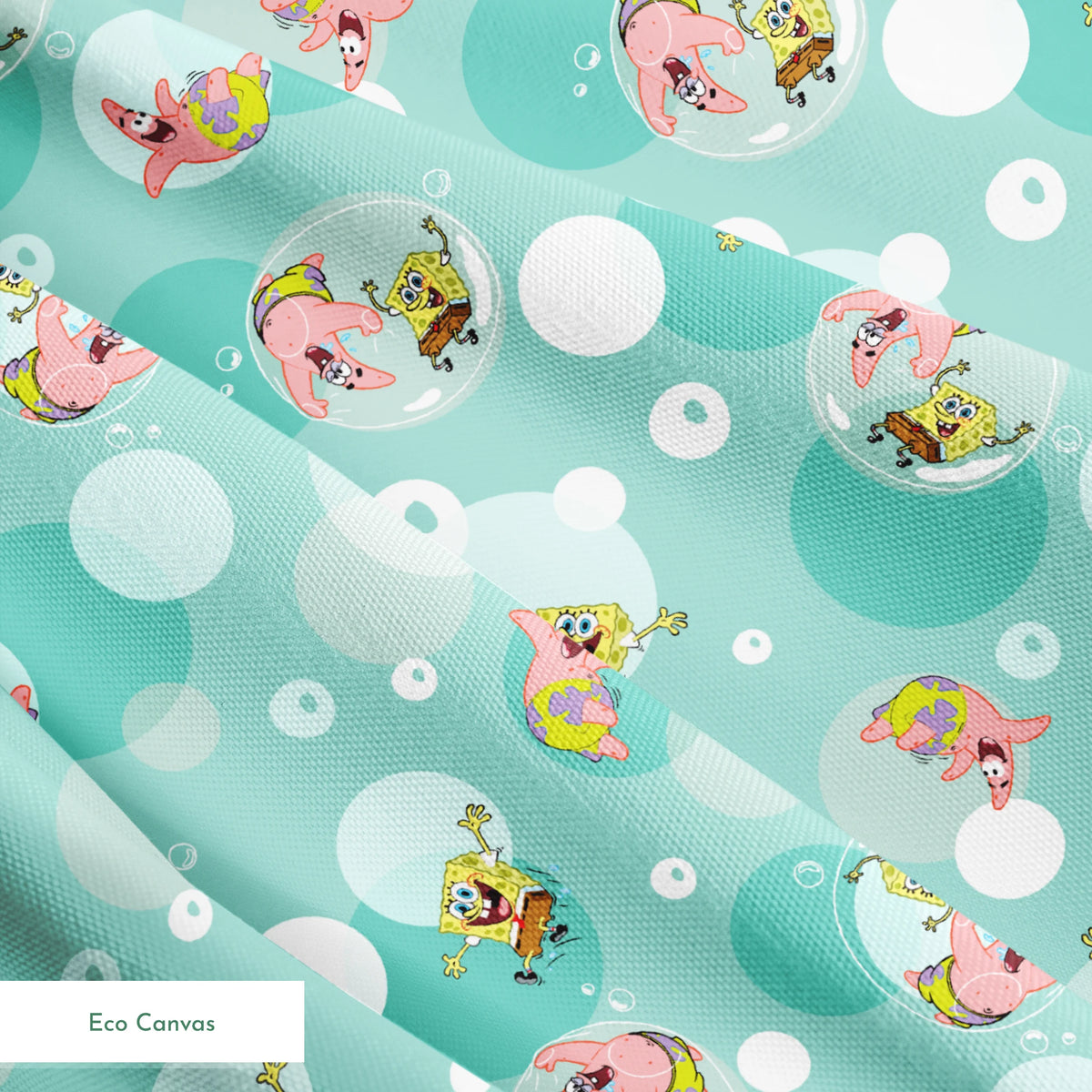 SpongeBob and Patrick floating in transparent bubbles across a seafoam green background with layered circle accents. springs ecocanvas texture