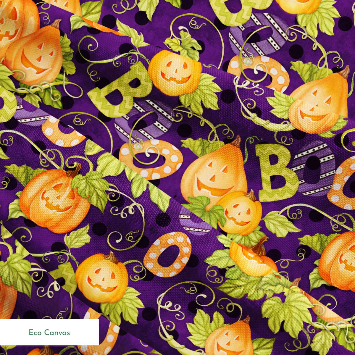 Halloween fabric by Nicole Tamarin with smiling jack-o’-lanterns, “BOO” text, vines, and leaves on a purple background. springs ecocanvas texture