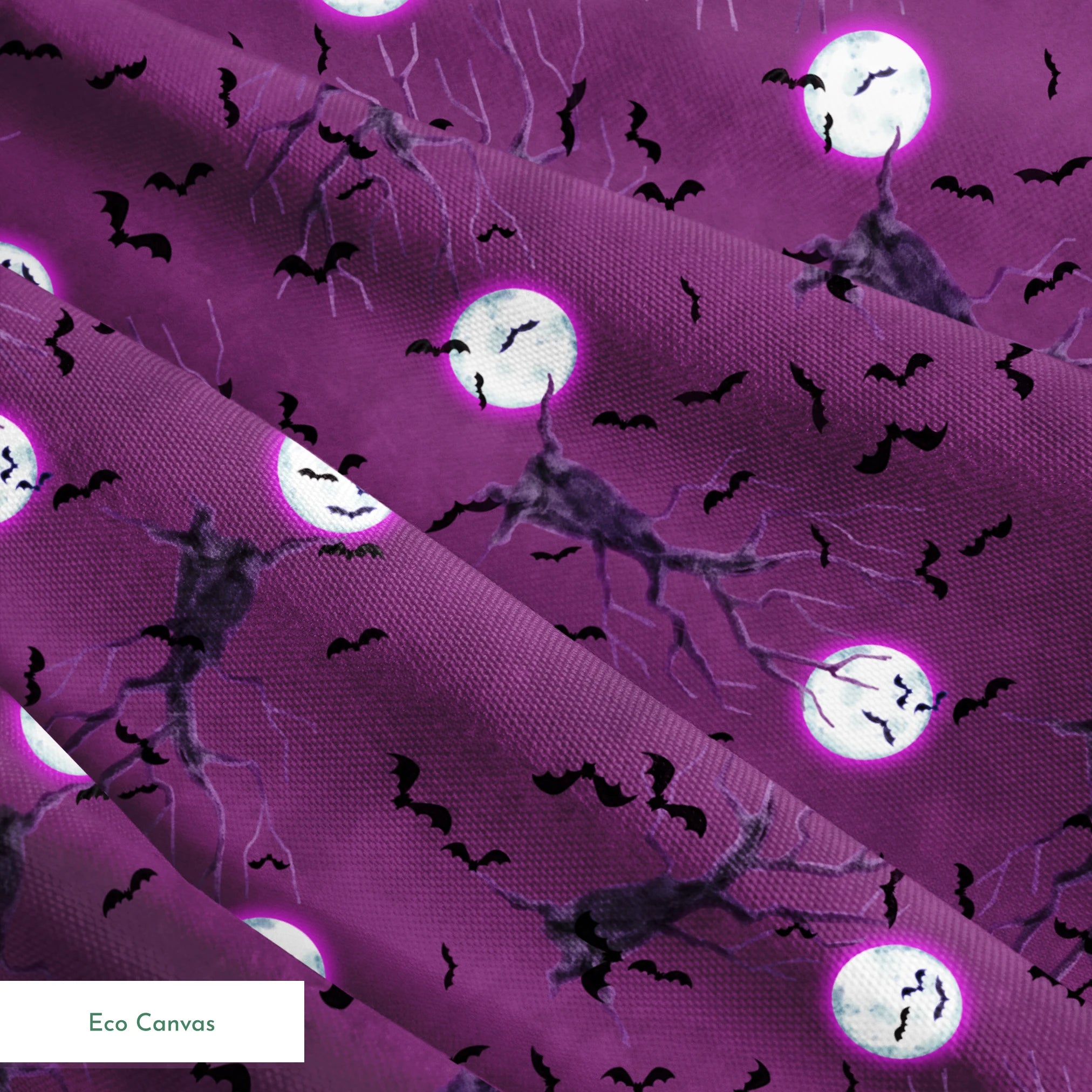 Halloween fabric design with spooky trees, bats, and glowing full moons on a purple background, illustrated by Nicole Tamarin. springs ecocanvas texture