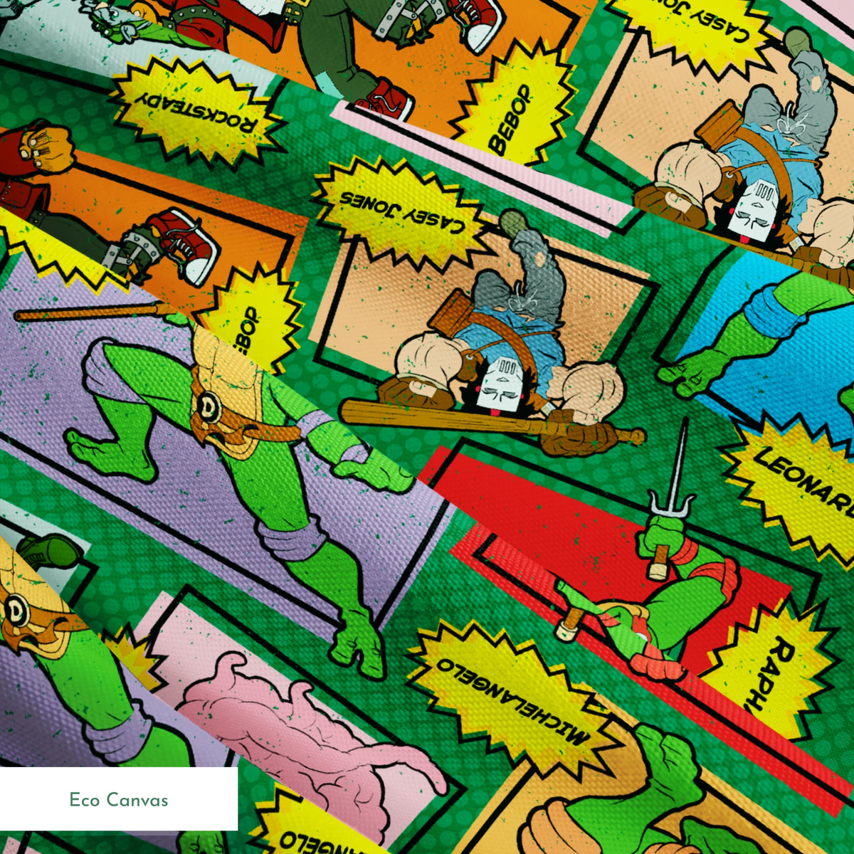 Retro Teenage Mutant Ninja Turtles comic print with turtles, villains, and action words in colorful panels. springs ecocanvas texture