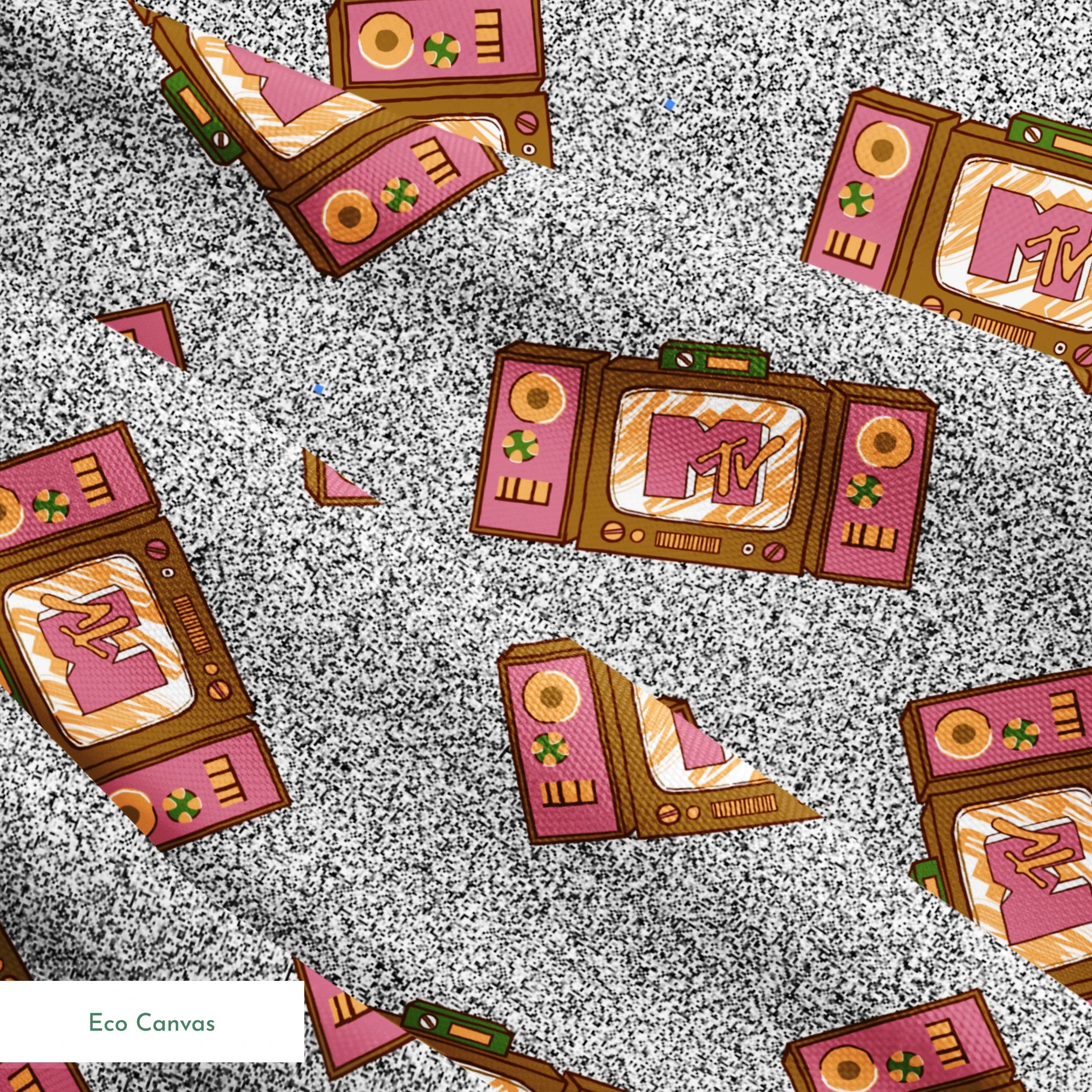 Pink and brown retro televisions with the MTV logo over a grainy gray static background in a scattered repeat. springs ecocanvas texture