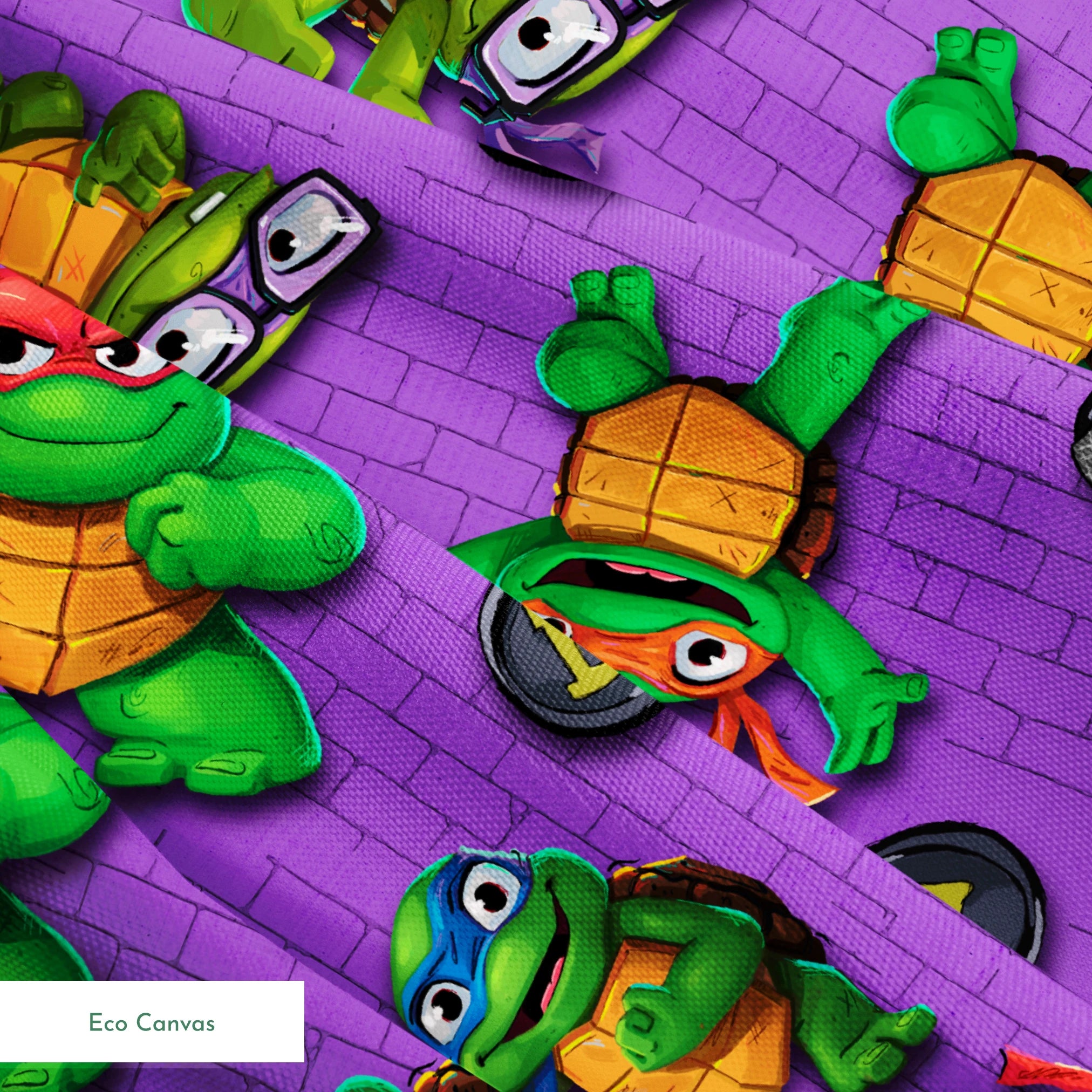 Teenage Mutant Ninja Turtles characters on a purple brick background with lettered manhole covers. springs ecocanvas texture