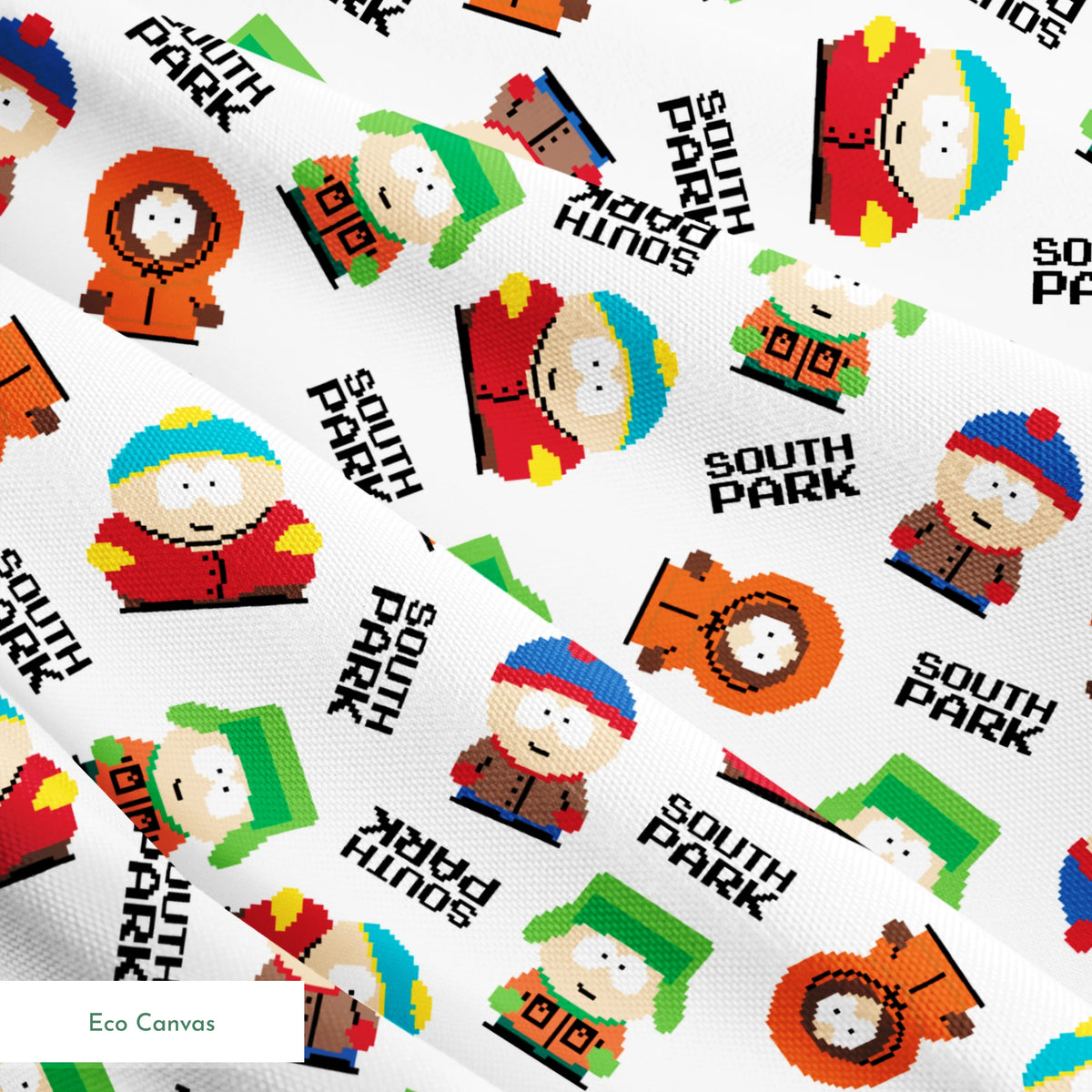 Pixel art versions of Stan, Kyle, Cartman, and Kenny with the South Park logo in black, tossed on a white background in various rotations. springs ecocanvas texture