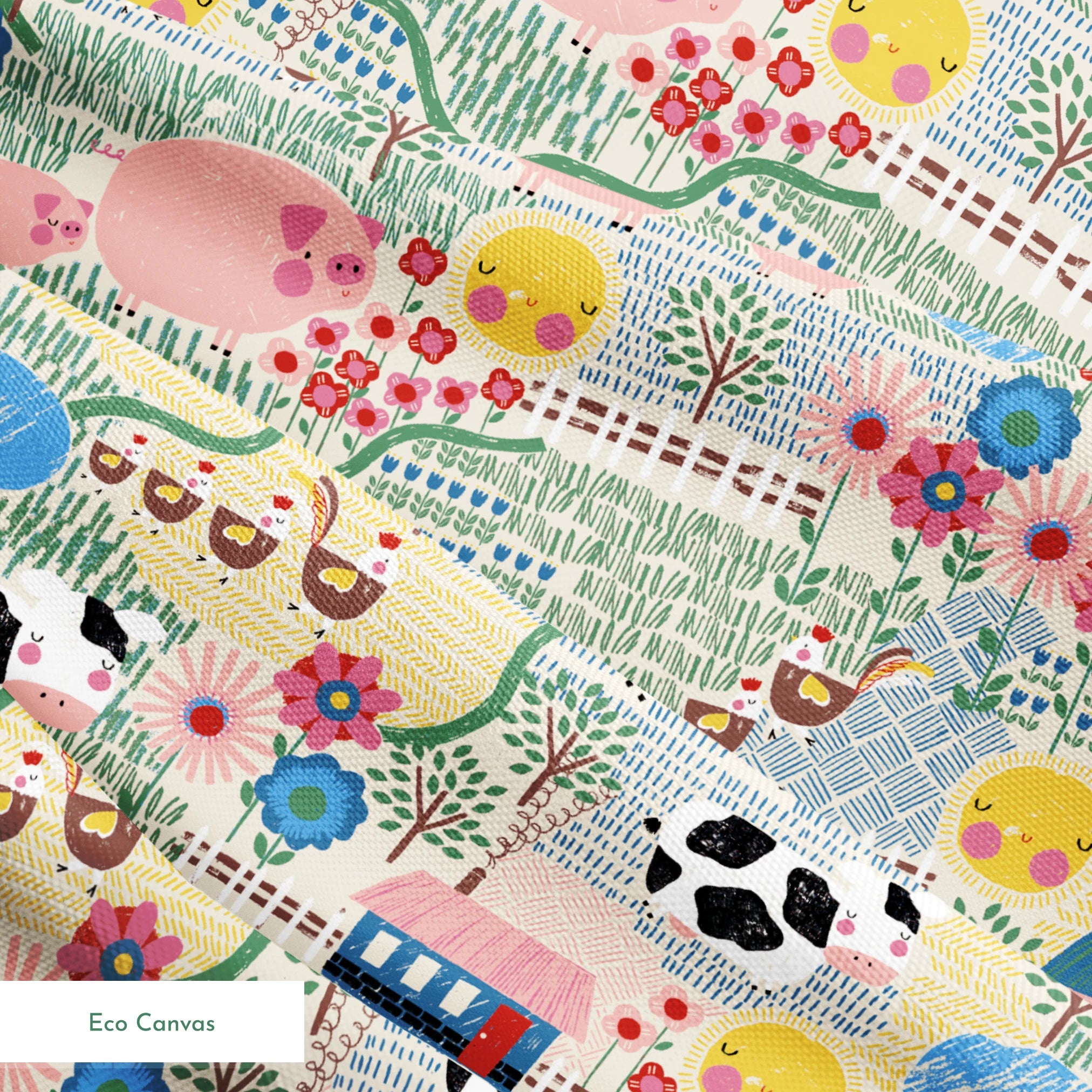 Colorful farm illustration with pink pigs, spotted cows, flowers, and small houses on textured ba... springs ecocanvas texture