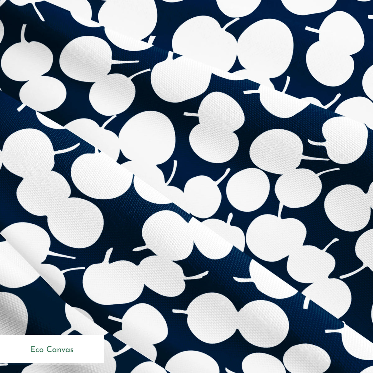 White cherry silhouettes scattered across a deep navy blue background in a playful pattern springs ecocanvas texture