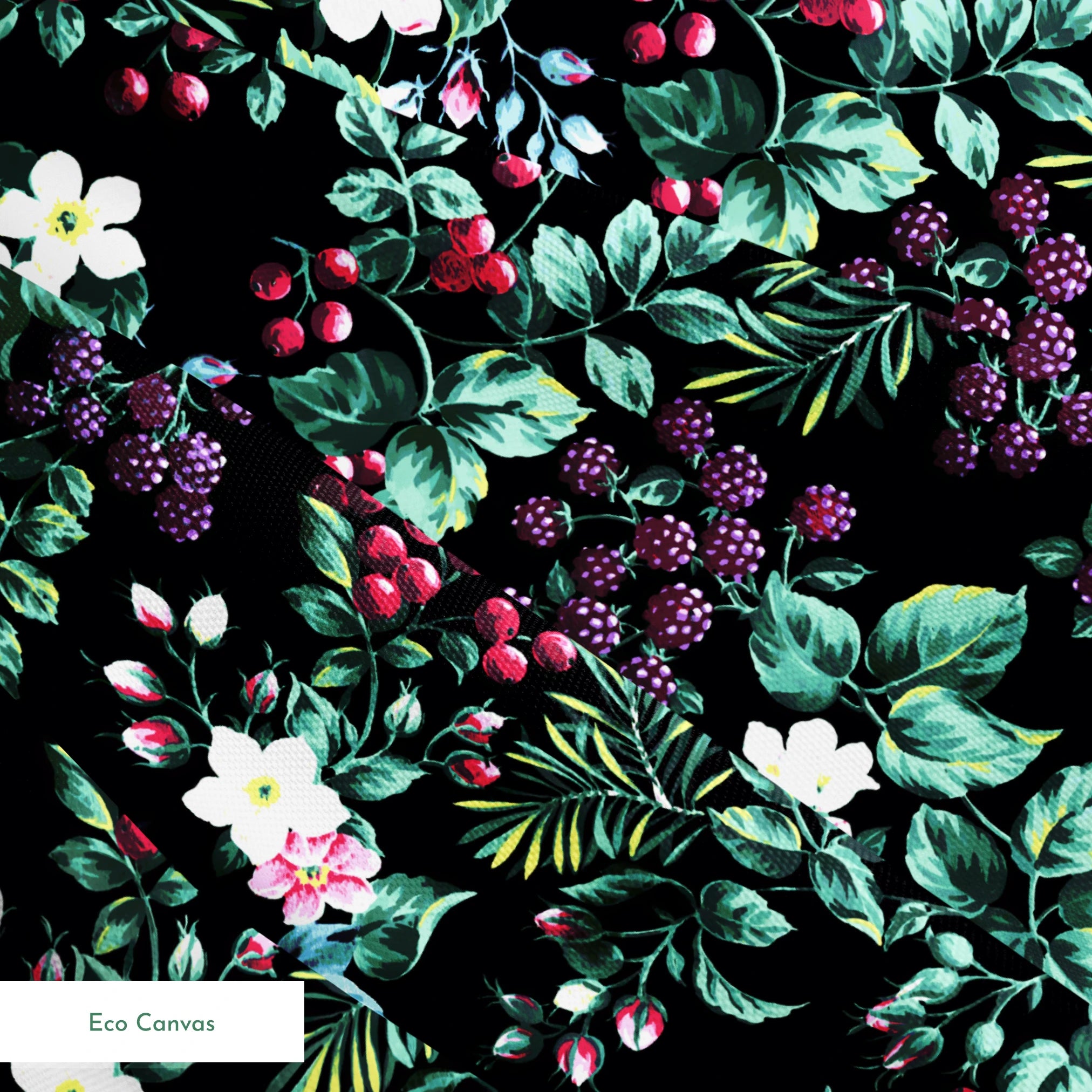 Colorful botanical pattern with white flowers, red cherries, purple blackberries, and green leaves on black background springs ecocanvas texture