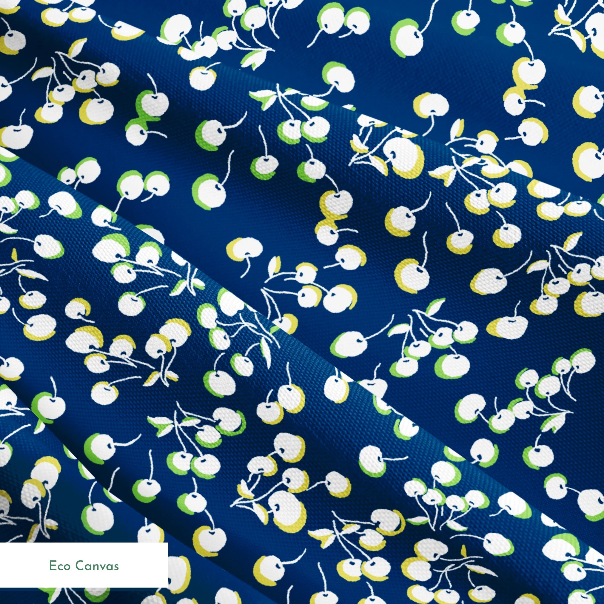 Delicate white and yellow floral pattern scattered across a deep navy blue background springs ecocanvas texture