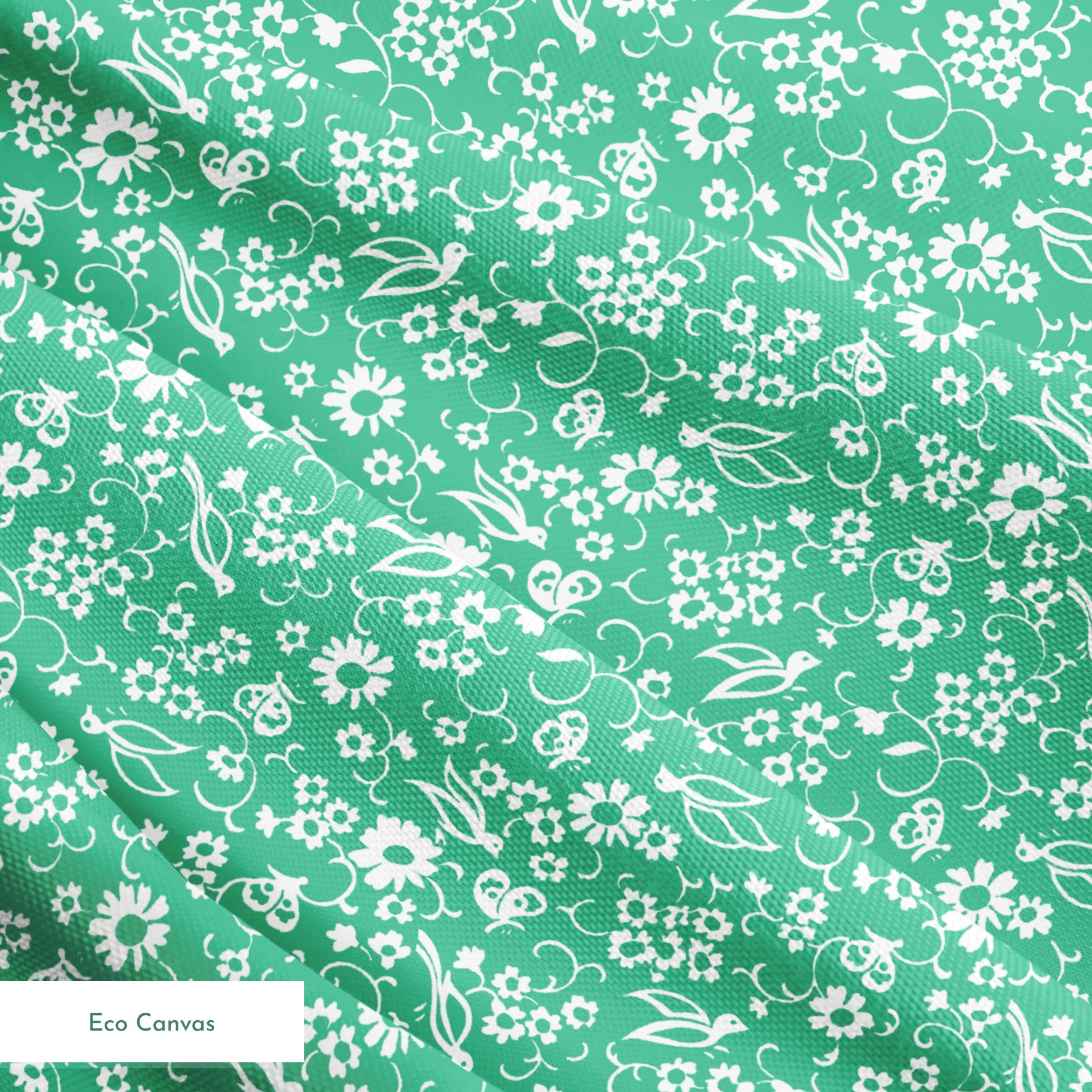 White floral pattern with delicate blooms and leaves on a mint green background springs ecocanvas texture