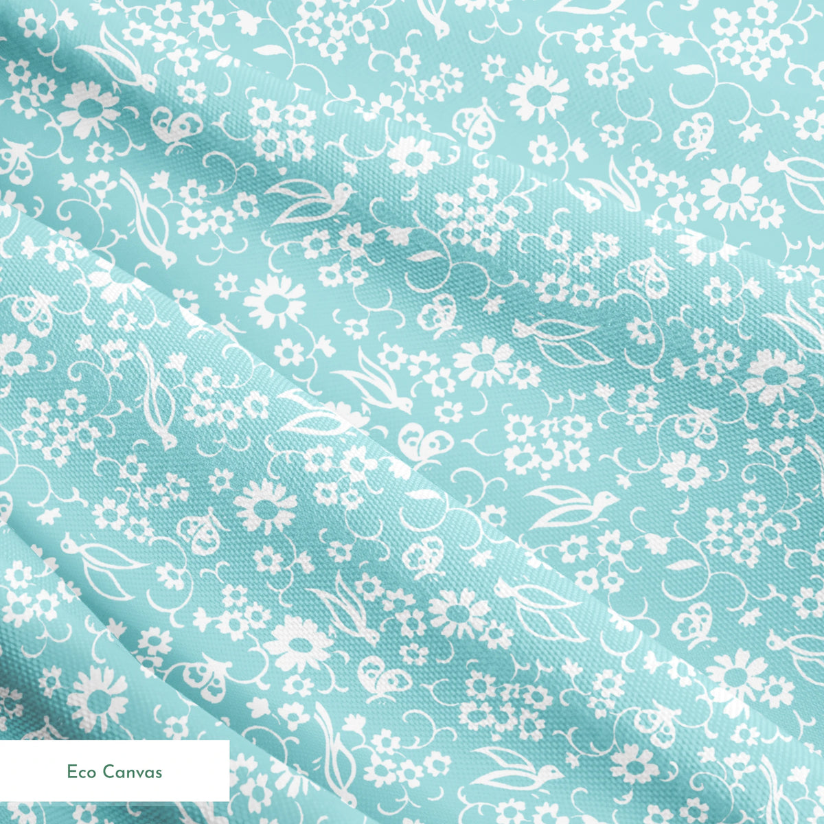 Delicate white floral pattern on a soft turquoise background with swirling leaf motifs springs ecocanvas texture