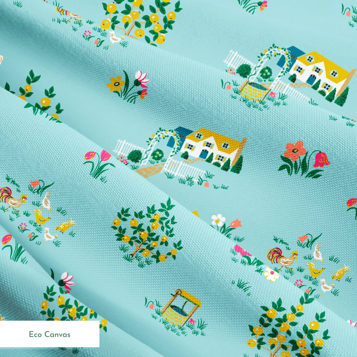 Whimsical light blue pattern with tiny cottages, tulips, and flower gardens in pastel colors springs ecocanvas texture