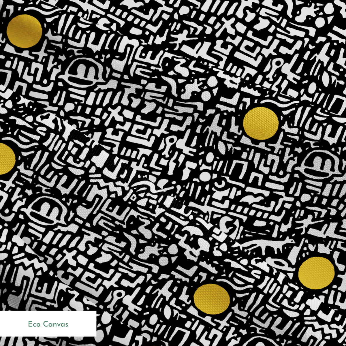 Abstract black and white maze pattern with scattered golden yellow dots arranged in a grid springs ecocanvas texture