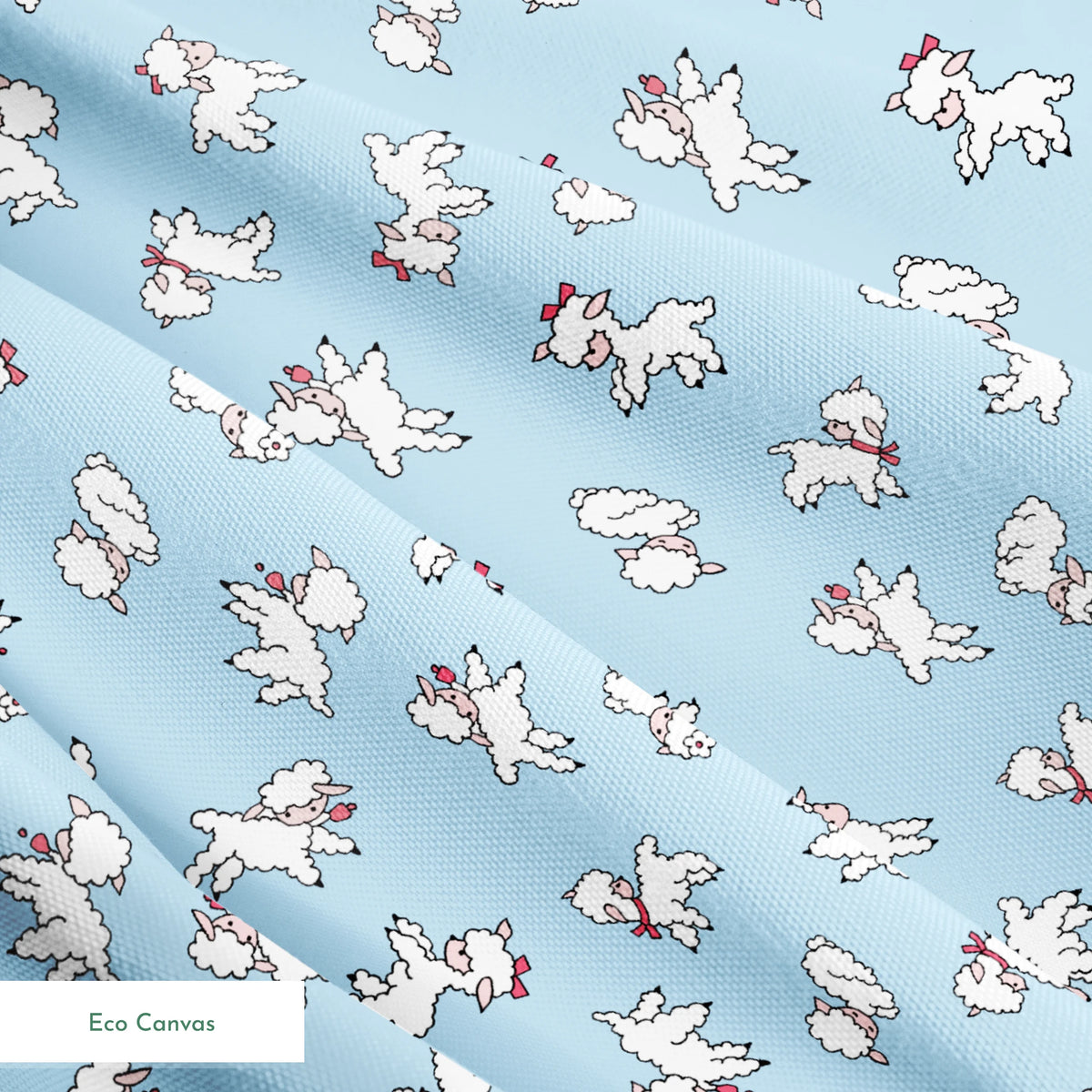 Playful white lambs pattern on light blue background with simple cartoon style illustration springs ecocanvas texture