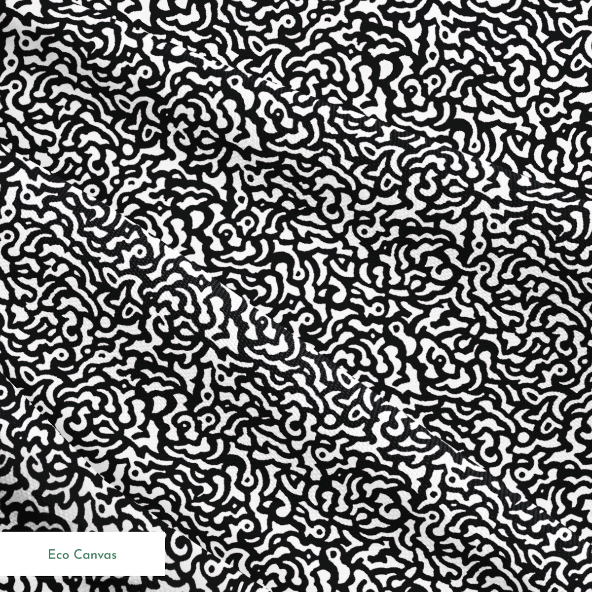 Abstract black and white pattern with swirling organic lines creating a dense maze-like design springs ecocanvas texture