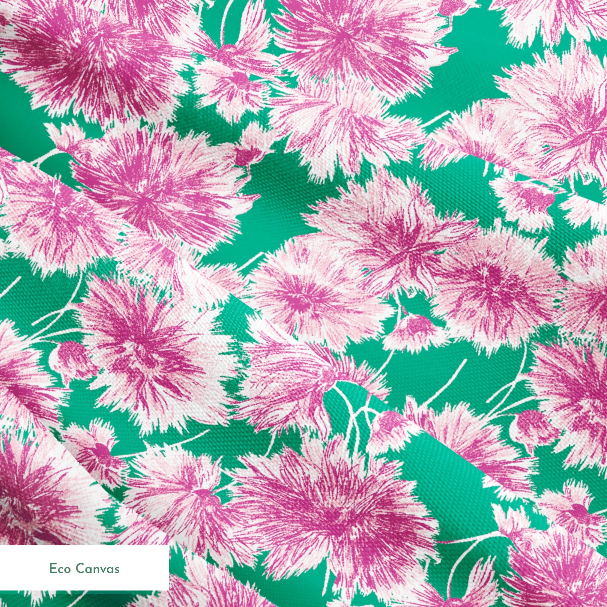 Pink and purple carnation flowers scattered on a green background in a repeating floral pattern springs ecocanvas texture