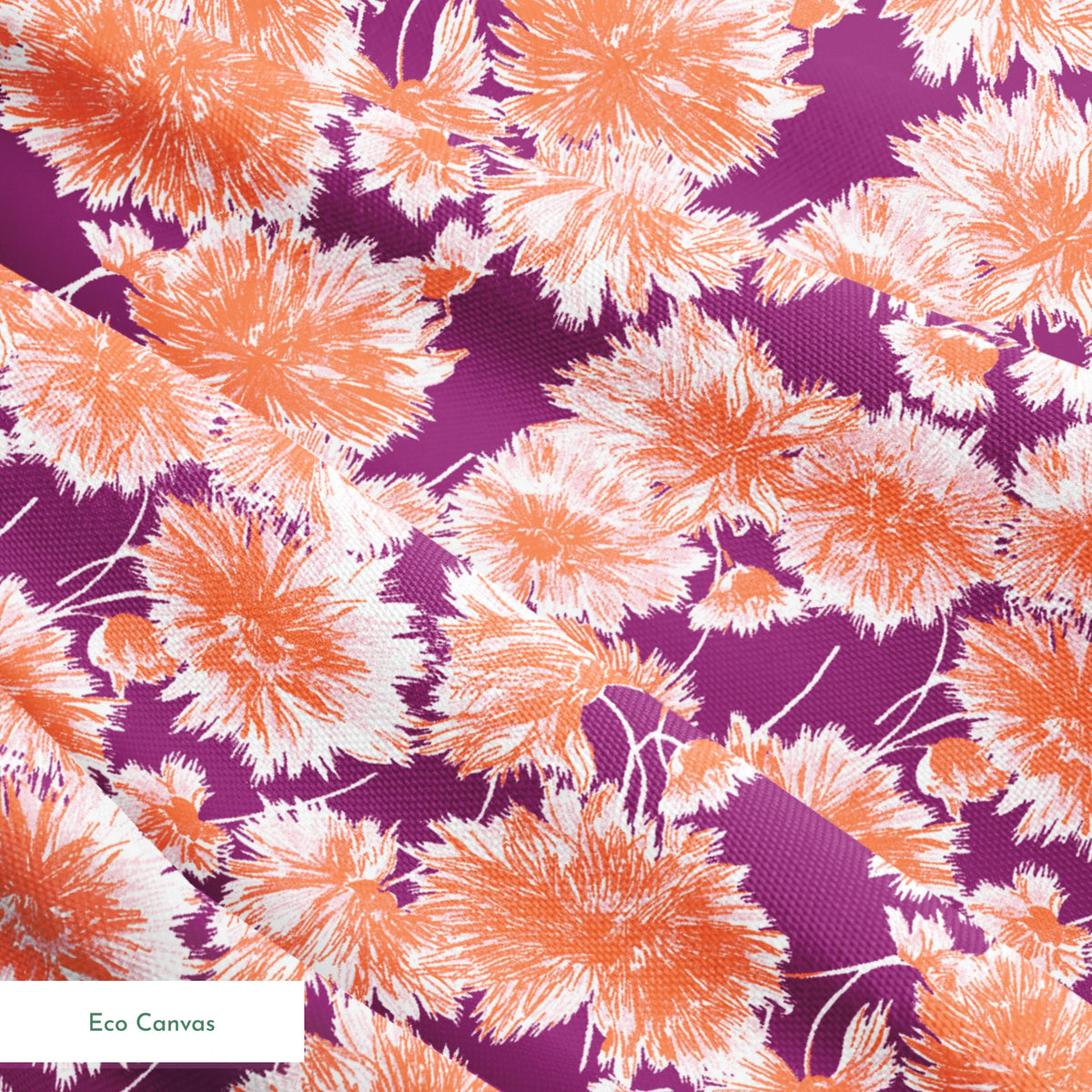 Vibrant floral pattern with orange and white chrysanthemum-like blooms on deep purple background springs ecocanvas texture