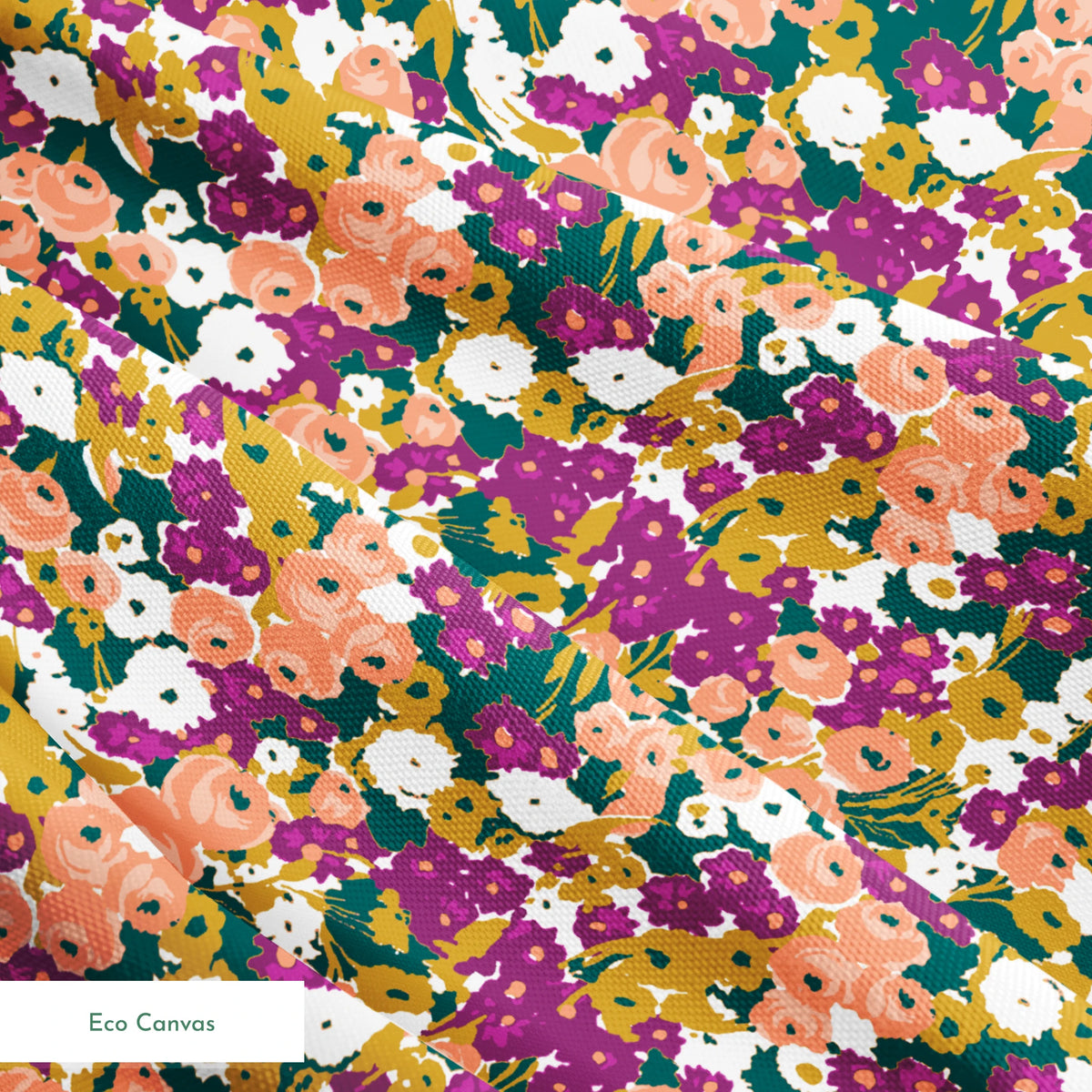 Vibrant floral pattern with peach, purple, white, and gold blooms against dark green foliage springs ecocanvas texture
