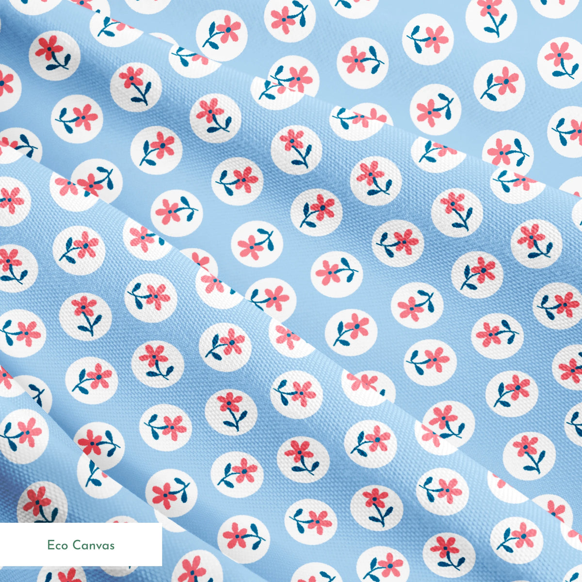 Pink flowers with blue-green stems in white circles on pale blue background, repeating pattern springs ecocanvas texture