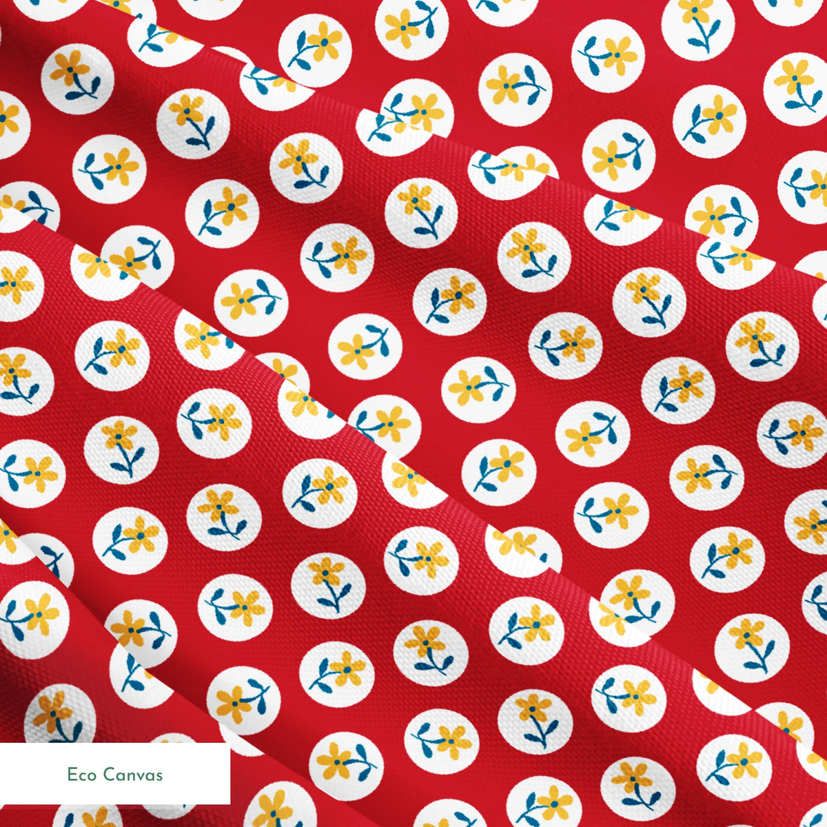 Yellow flowers with blue stems on white circles against red background in repeating pattern springs ecocanvas texture