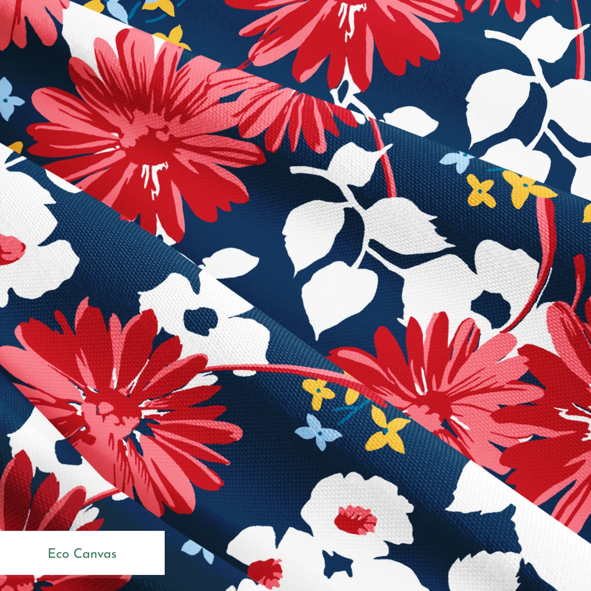 Vibrant floral pattern with red daisies and white flowers on navy background with small gold stars springs ecocanvas texture