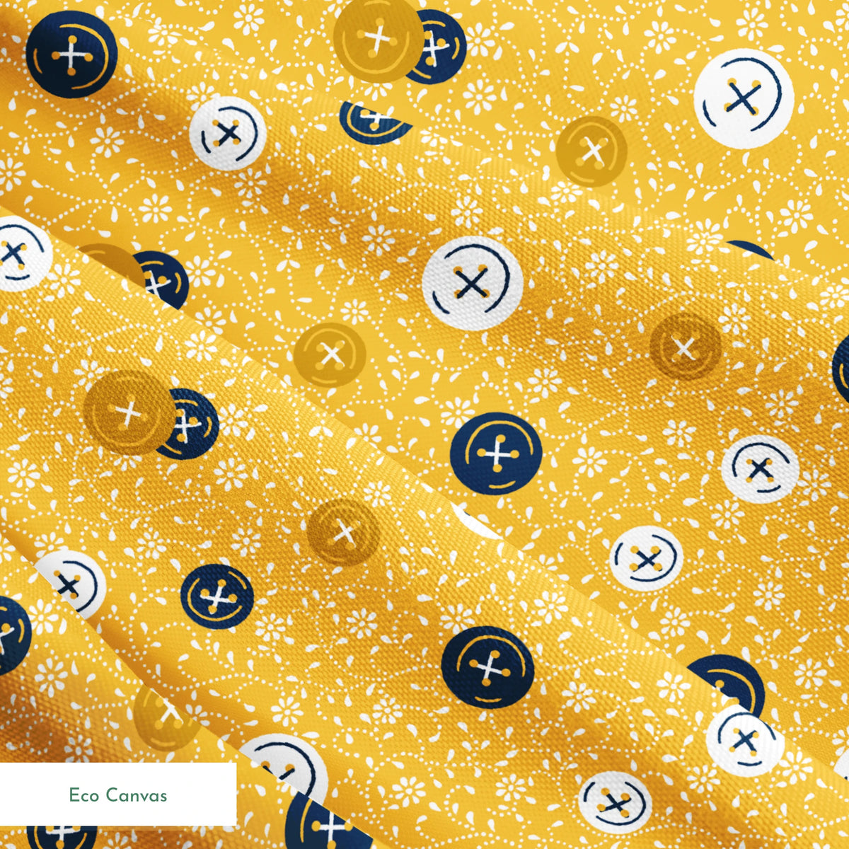 Circular buttons with cross symbols in gold, navy, and white scattered on a gold floral background springs ecocanvas texture