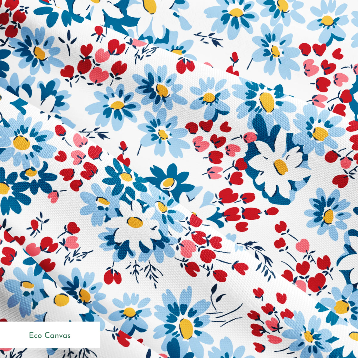 Blue and white daisies with small red berries scattered across a light background in a floral pattern springs ecocanvas texture