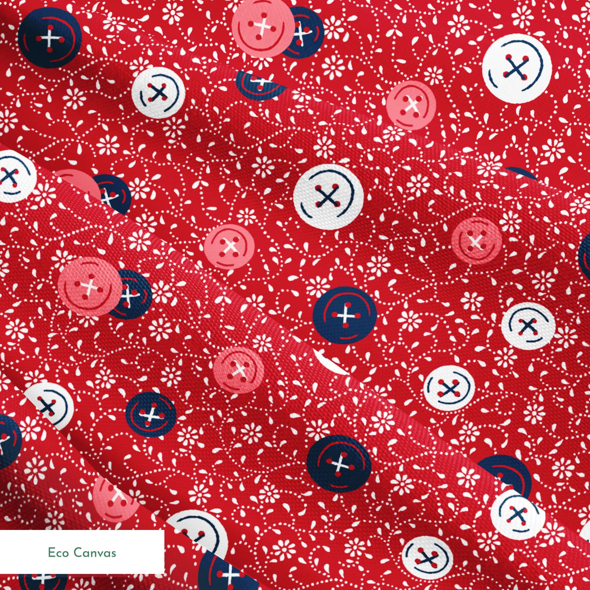 Red background with scattered buttons in white, blue, and coral colors featuring sewing motifs and small floral patterns springs ecocanvas texture