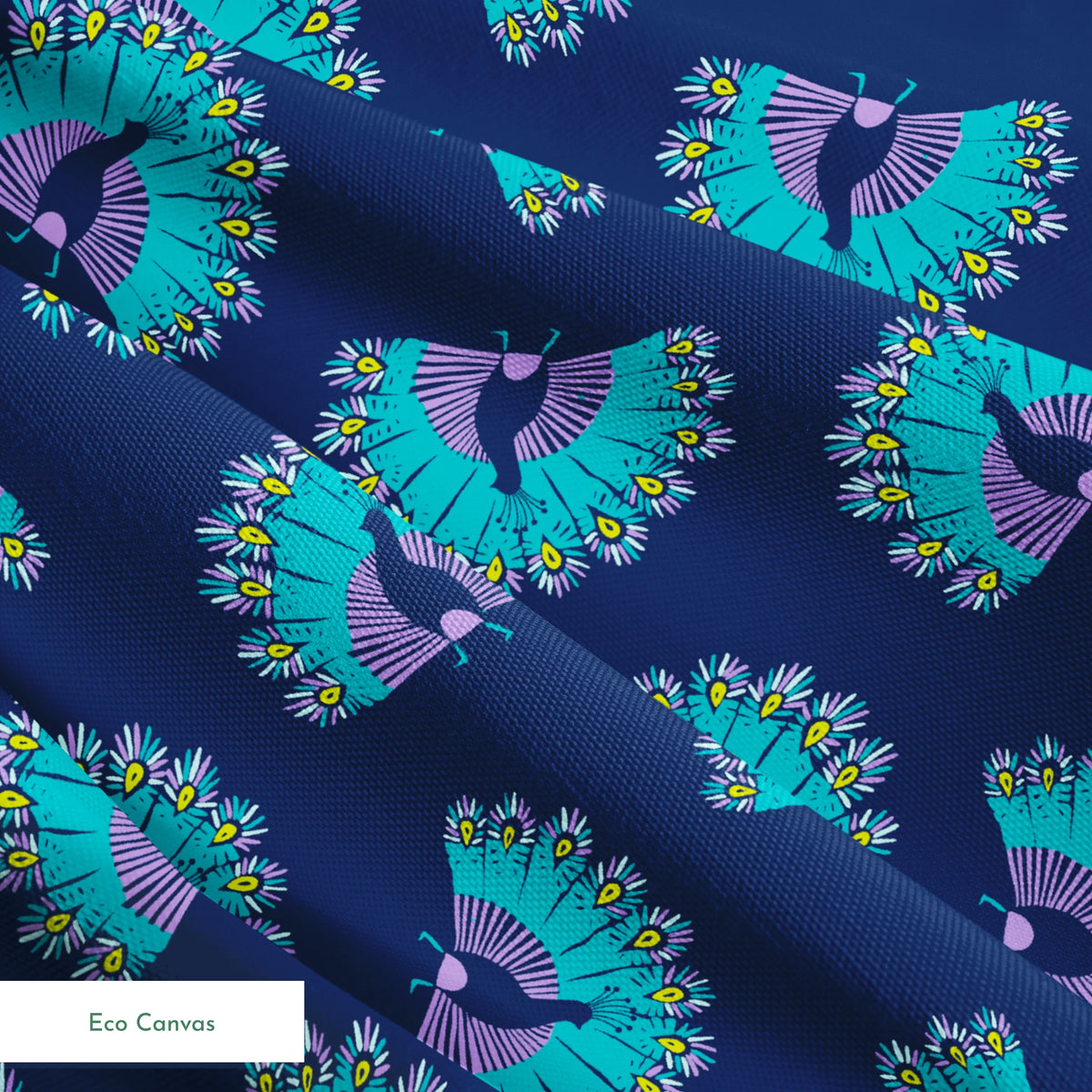 Vibrant peacock-inspired pattern with teal and purple fan shapes on blue background springs ecocanvas texture