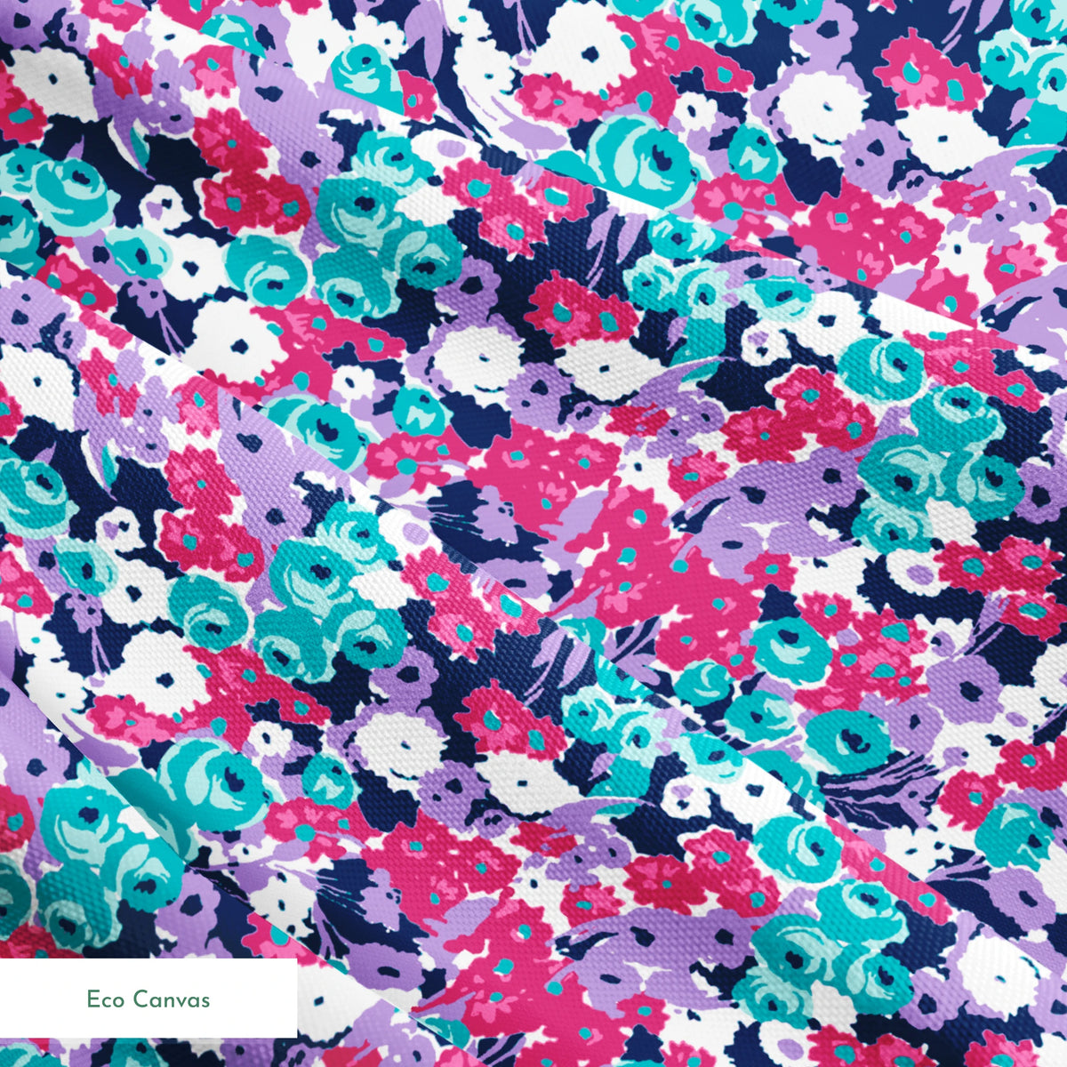 Vibrant floral pattern with pink, white, purple, and turquoise flowers on dark indigo background springs ecocanvas texture