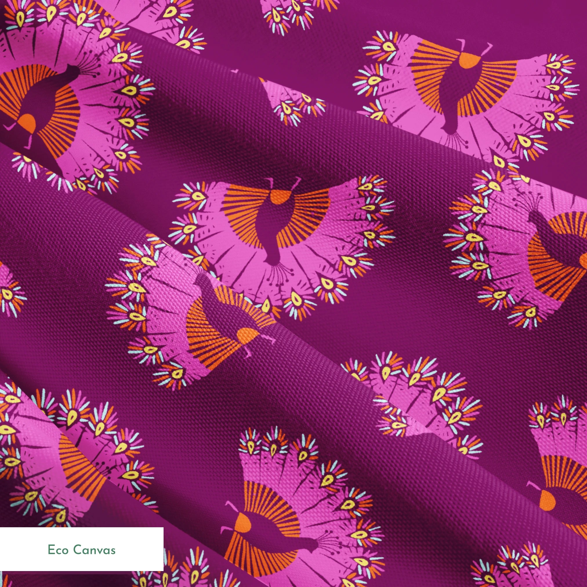 Decorative pattern with peacocks arranged in circular formations against a deep purple background springs ecocanvas texture