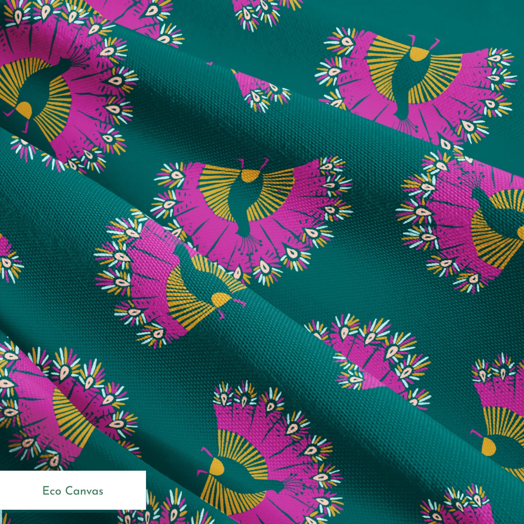 Vibrant pattern of pink circular bursts with yellow-green bird silhouettes on teal background springs ecocanvas texture