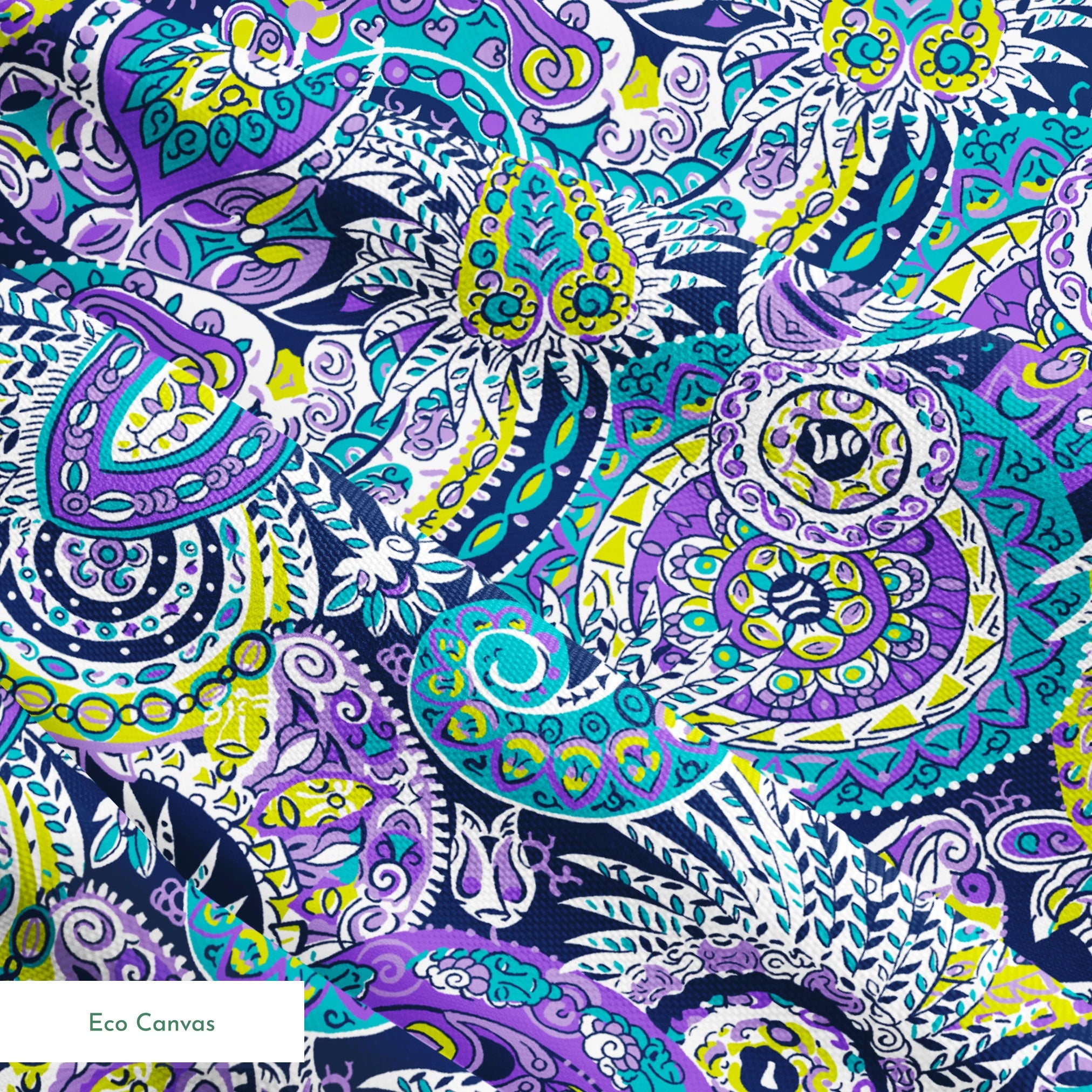Vibrant paisley pattern with swirling designs in purple, blue, yellow, and white springs ecocanvas texture