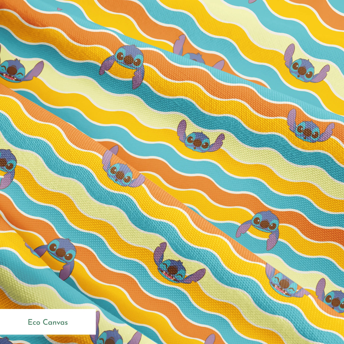 Colorful wavy striped pattern with Stitch peeking between orange, yellow, and teal waves springs ecocanvas texture