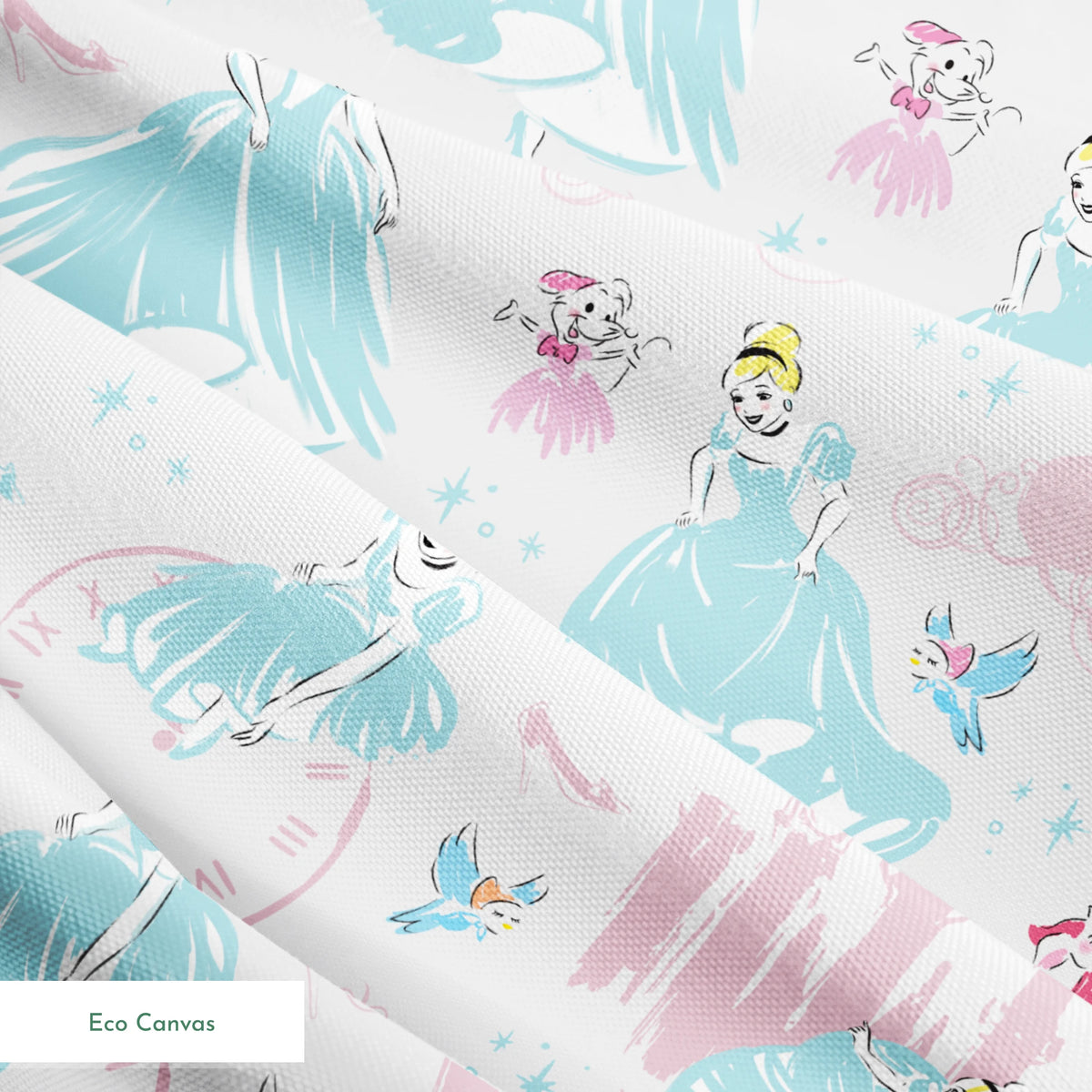 Dreamy Cinderella pattern with blue gowns, castle silhouettes, glass slippers, and blue birds on pale background springs ecocanvas texture