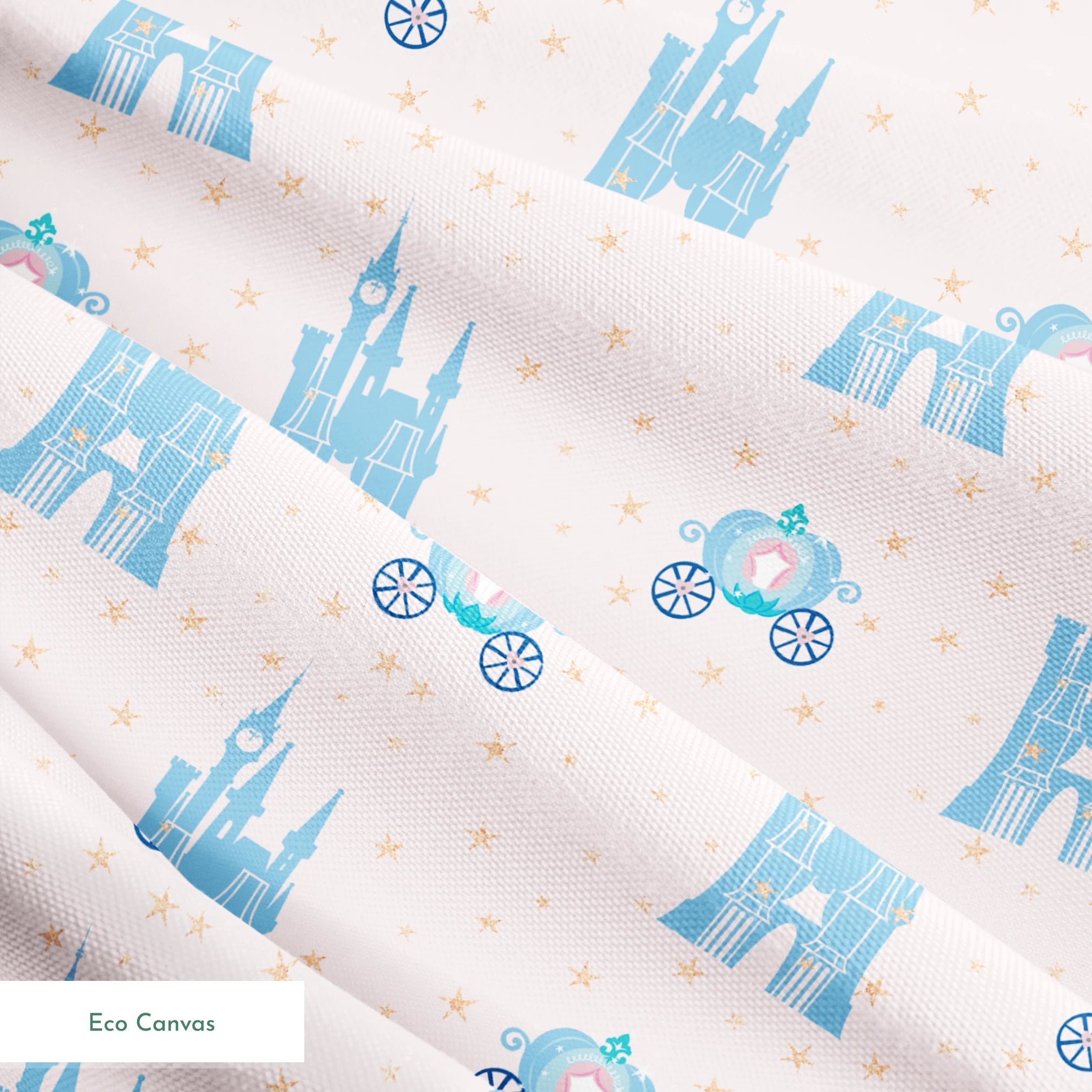 Cinderella pattern with blue castles, carriages, and gold stars on pale pink background springs ecocanvas texture