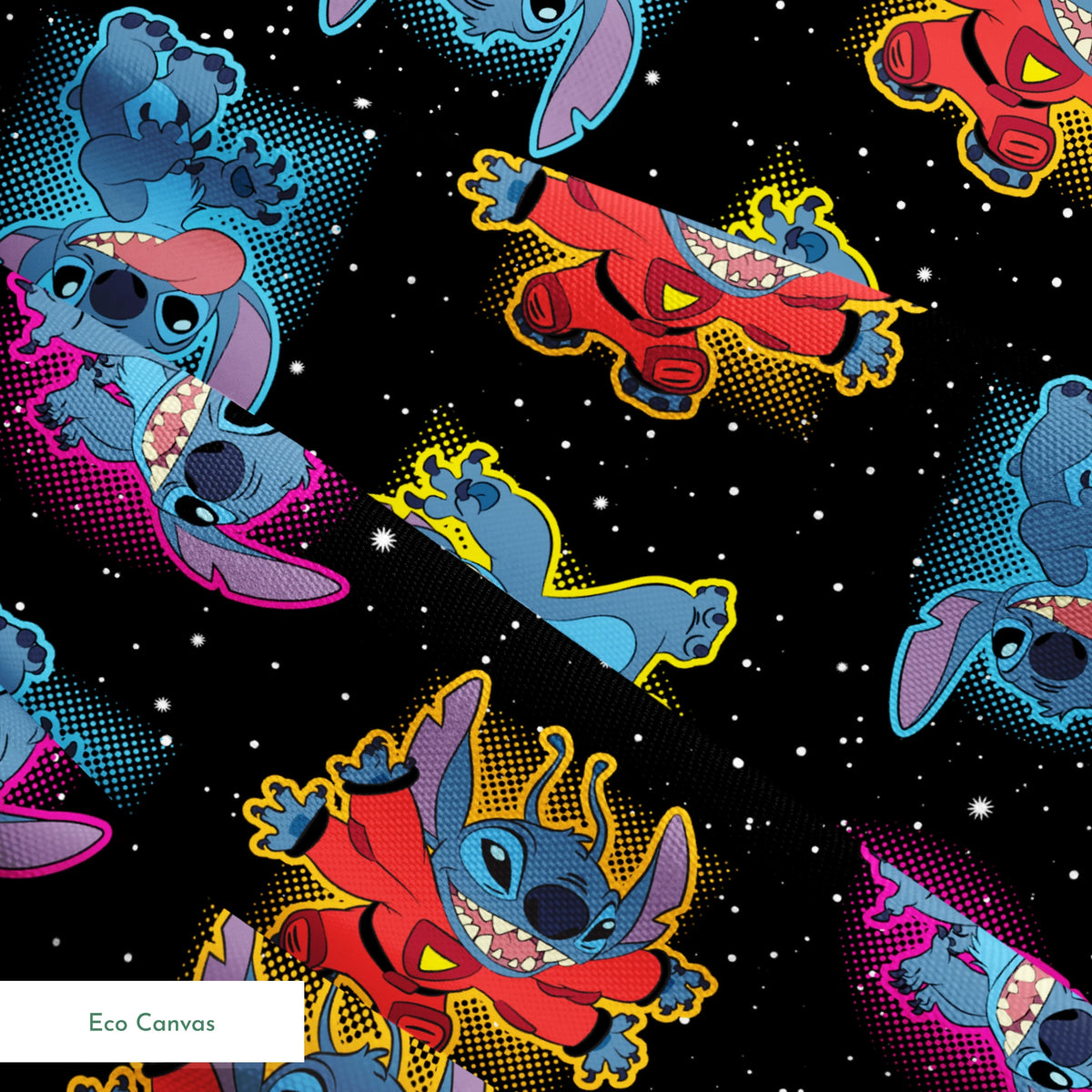 Colorful Stitch with pink accents on black starry background pattern springs ecocanvas texture