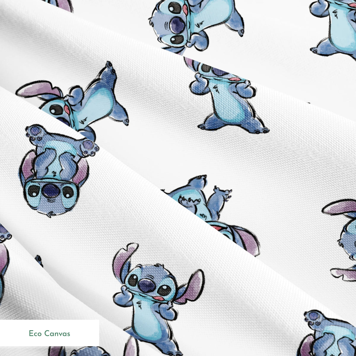 Blue cartoon Stitch characters from Disney's Lilo & Stitch in various playful poses on white background springs ecocanvas texture