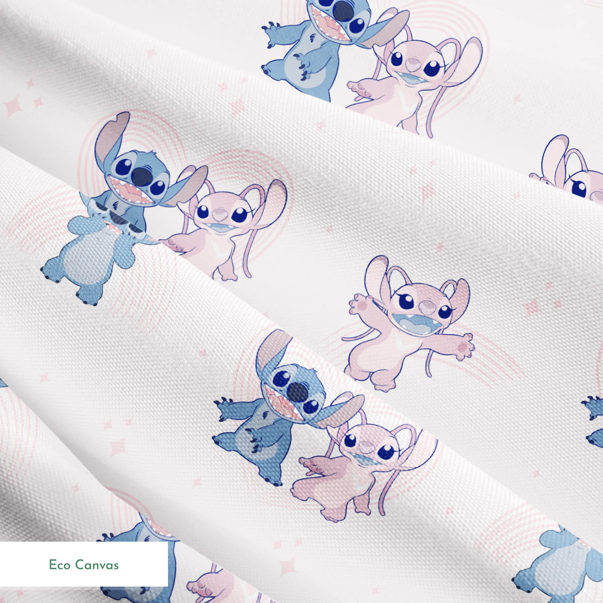 Cartoon pattern of blue and pink Stitch characters from Lilo & Stitch with playful poses on pale background springs ecocanvas texture