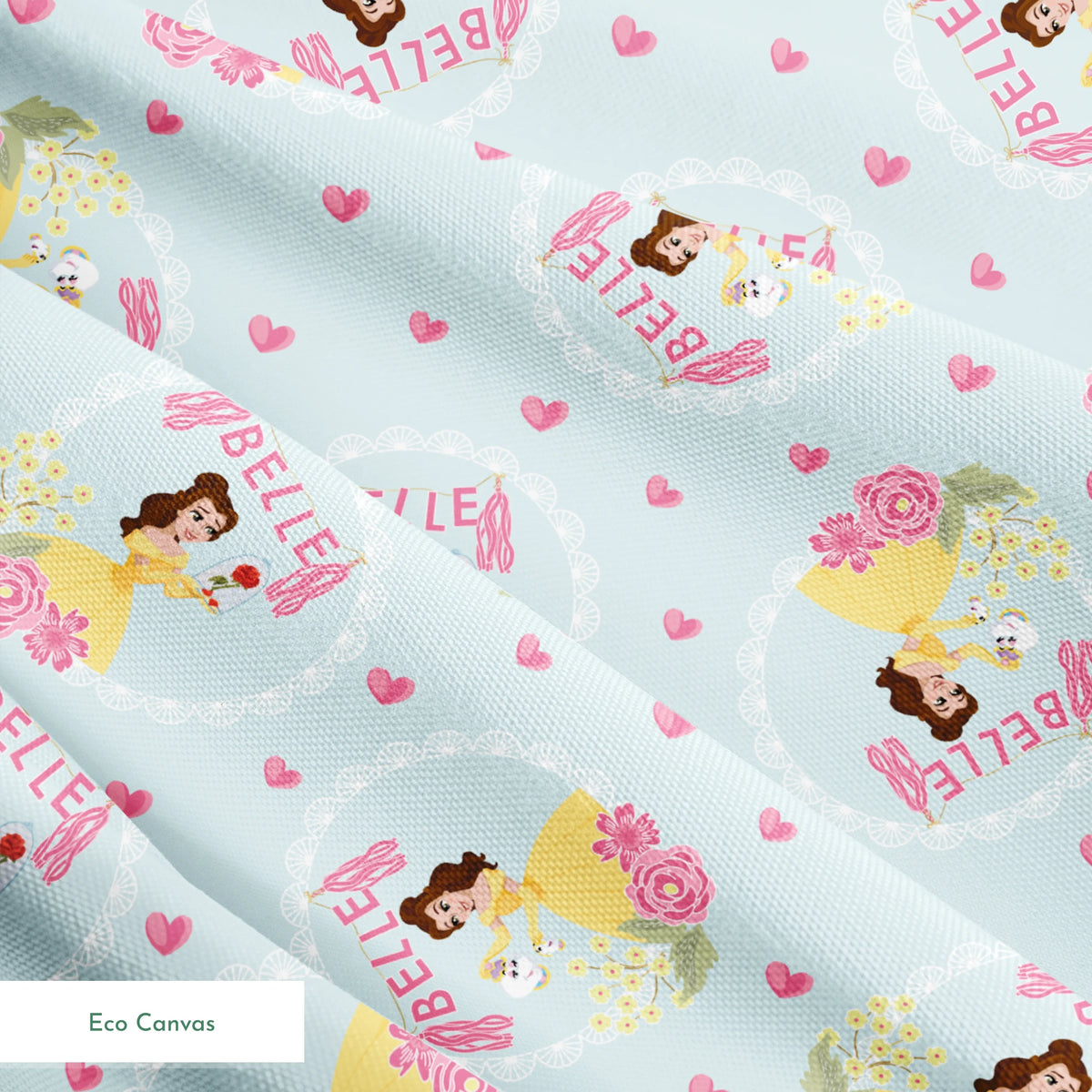 Princess Belle pattern with yellow dress, "Belle" text, hearts, and flowers on light blue background springs ecocanvas texture