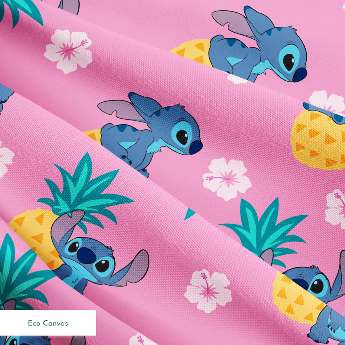 Stitch characters with pineapples and white hibiscus flowers on pink background pattern springs ecocanvas texture