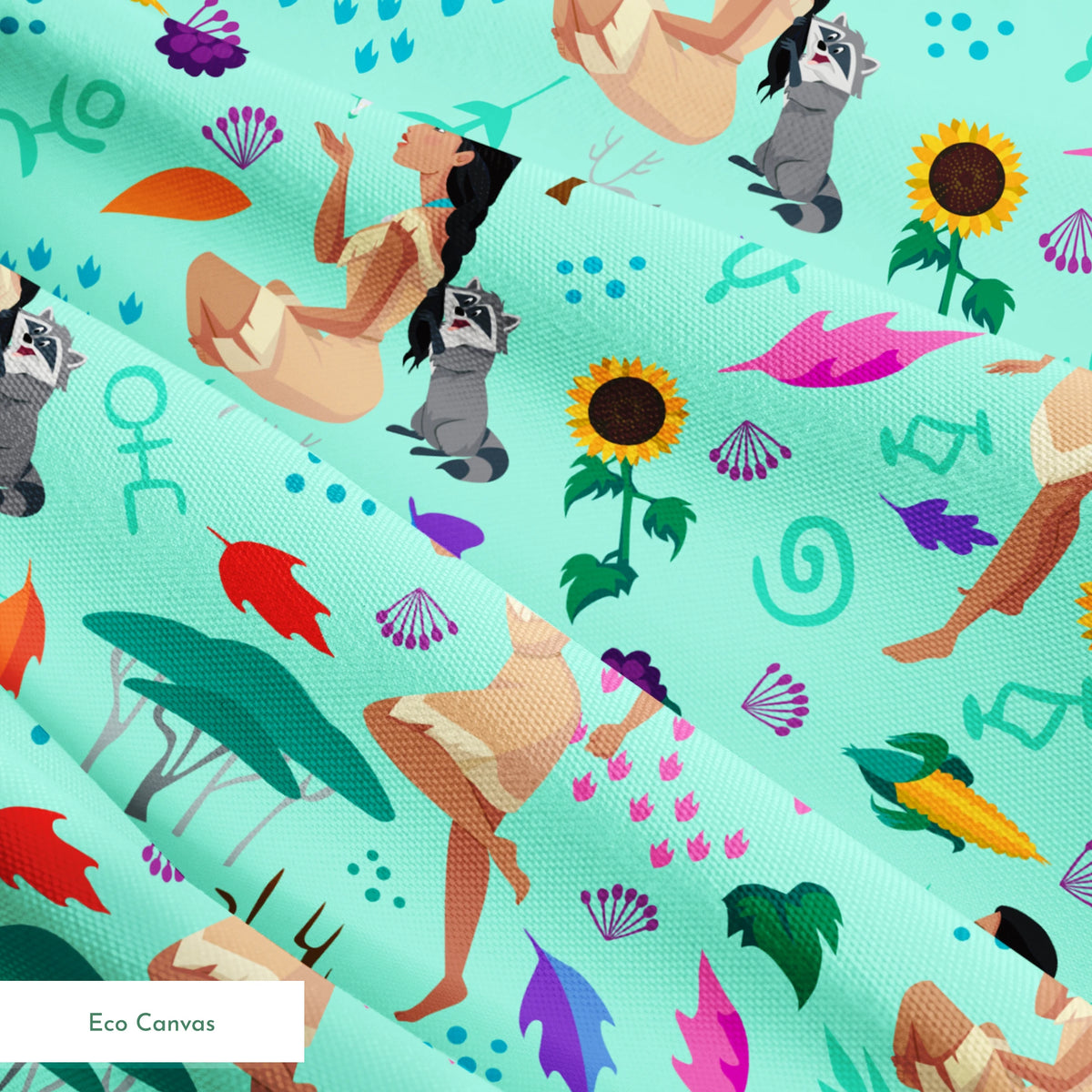 Colorful pattern with figures in nature motifs featuring sunflowers, leaves, and flowing design elements on turquoise background springs ecocanvas texture