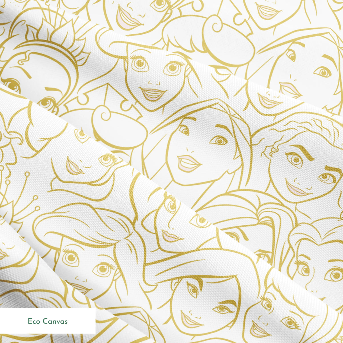 Golden line art of Disney princesses in an overlapping collage pattern with expressive facial features. springs ecocanvas texture