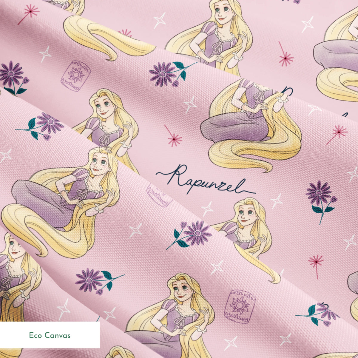 Repeating pattern of blonde character in purple dress with long flowing hair, flowers, and "Rapunzel" text on pink background springs ecocanvas texture