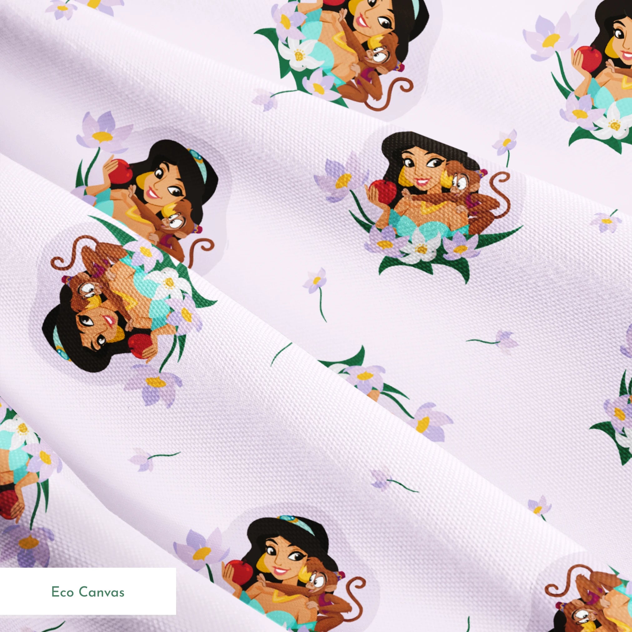 Cartoon pattern of Princess Jasmine with tiger cub surrounded by flowers on light pink background springs ecocanvas texture