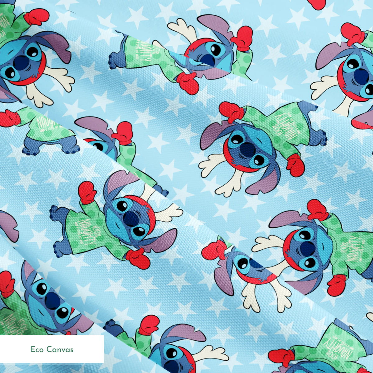 A repeating pattern of Disney's Stitch in holiday outfits with Christmas trees on light blue snowflake background. springs ecocanvas texture