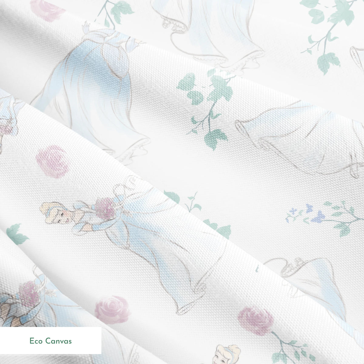 Delicate pattern of flowing blue dresses, pink roses, and mint green foliage on a light background springs ecocanvas texture