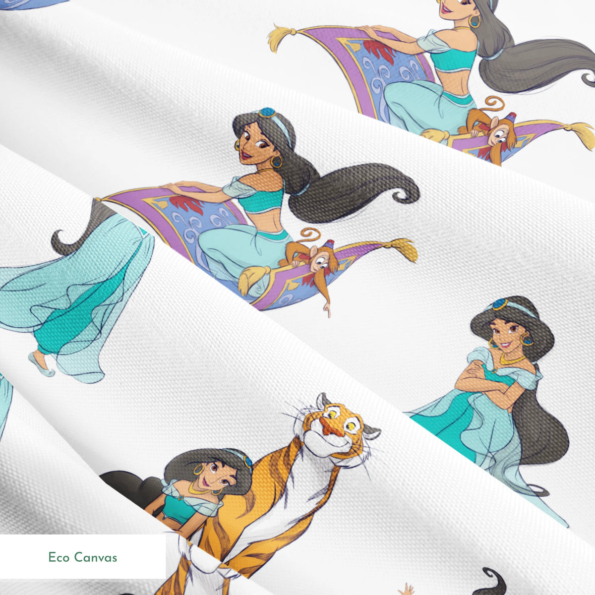 Cartoon pattern featuring a princess in teal outfit with long black hair in various poses with a magic carpet and tiger springs ecocanvas texture