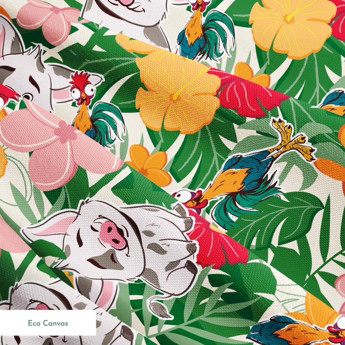 Cartoon pigs peeking through vibrant tropical flowers in red, orange, yellow, and pink among green foliage springs ecocanvas texture