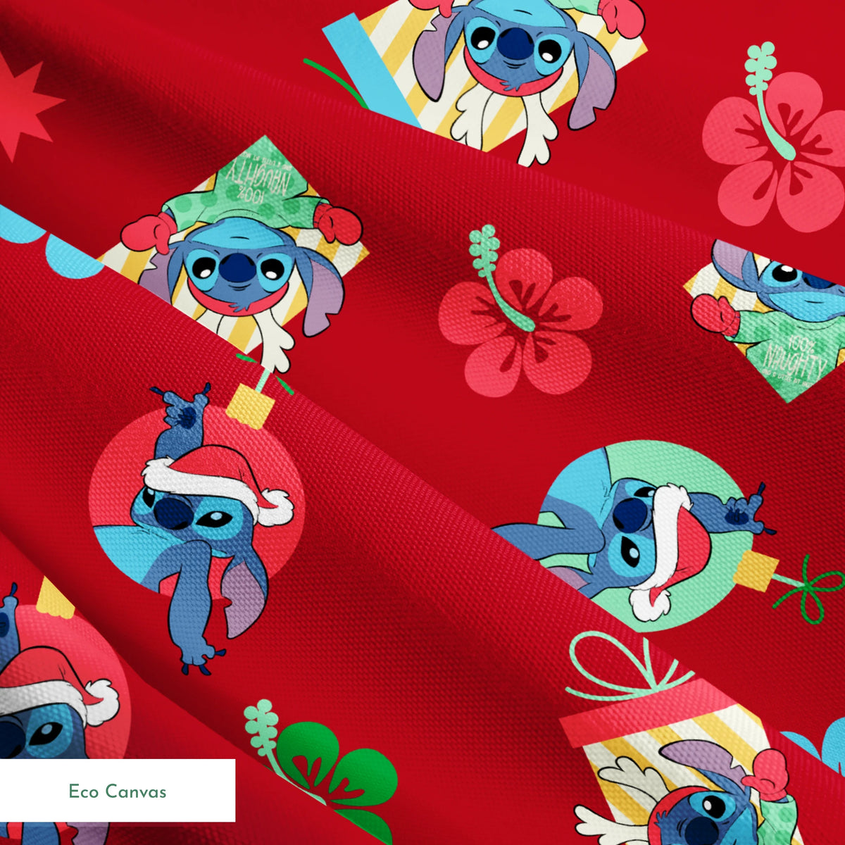 Disney Stitch pattern on red background with flowers and decorative elements springs ecocanvas texture